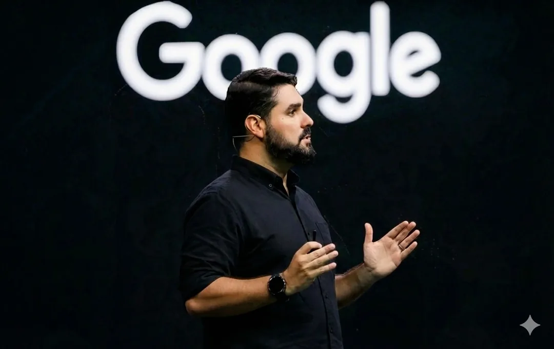 Pedro Leal presenting on stage in front of the Google logo